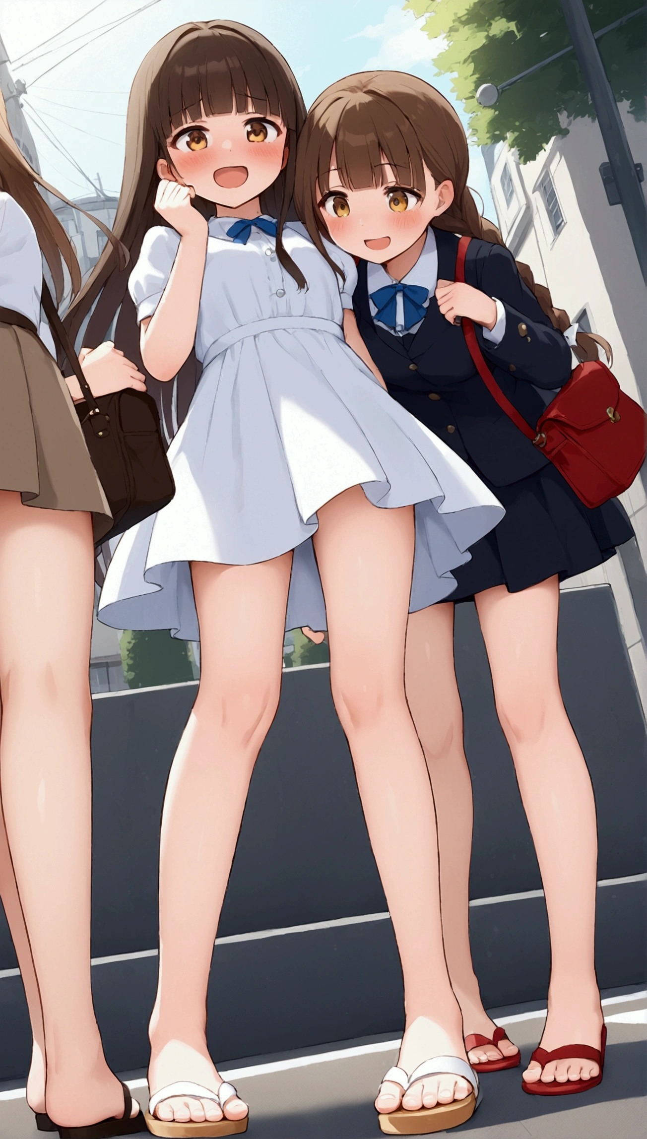(Three Women:1.5)　,Dark Brown Hair,Black Hair,（Nose Brush:1.7） ,Surprised,smile,(school uniform),（Panties in full view:1.7),(Extremely high quality),（mini skirt）,nature,garden,Shiny legs, Thighs,Cute face,（Looking up from below）,tall,squat,Wet and see-through