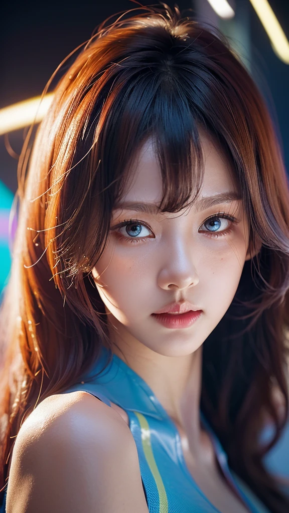 (masterpiece, highest quality, highest quality, Official Art, beautifully, aesthetic:1.2), Portrait Photography, (Cyberpunk beautiful girl 1 person), Big iridescent eyes, Beautiful skin, (Pink and blue long hair with bangs), Very detailed, (Neon colored fractal art:1.3), Perfect lighting, Sharp focus, High resolution, High resolution, High color rendering, High resolution, Super realistic,