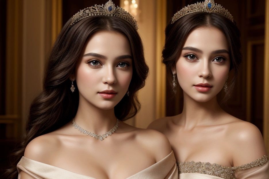 (masterpiece, best quality:1.5), highest quality, High resolution, super detailed, Realists, Upper body photo of the princess, black hair, detailed and beautiful eyes, beautiful detailed lips, very detailed eyes and face, longeyelashes, Princess in blue royal dress, Beautiful and colorful makeup, elegant and noble々Pose,shiny crown and jewels, Royal gardens as background, soft daylight, bright colors, fine brushstrokes, Portrait style, Noble details in the dress fabric, beautiful color palette, glowing skin, First-class rendering, that captures every detail, enchanting atmosphere, subtle shadows and lights, (perfect anatomy:1.2), (Two stunning princesses look flirtatious:1.4).
