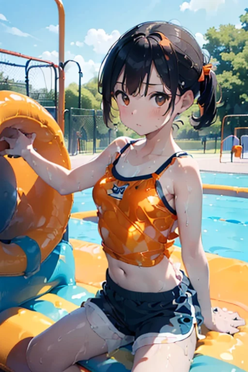 (Dripping wet with slippery liquid lotion:1.4),((Orange swimsuit((Orange camisole)),Navy blue piping)),((Navy blue shorts)),Black Hair,(Water playground in the park:1.2),(Leaning forward pose:1.4),
