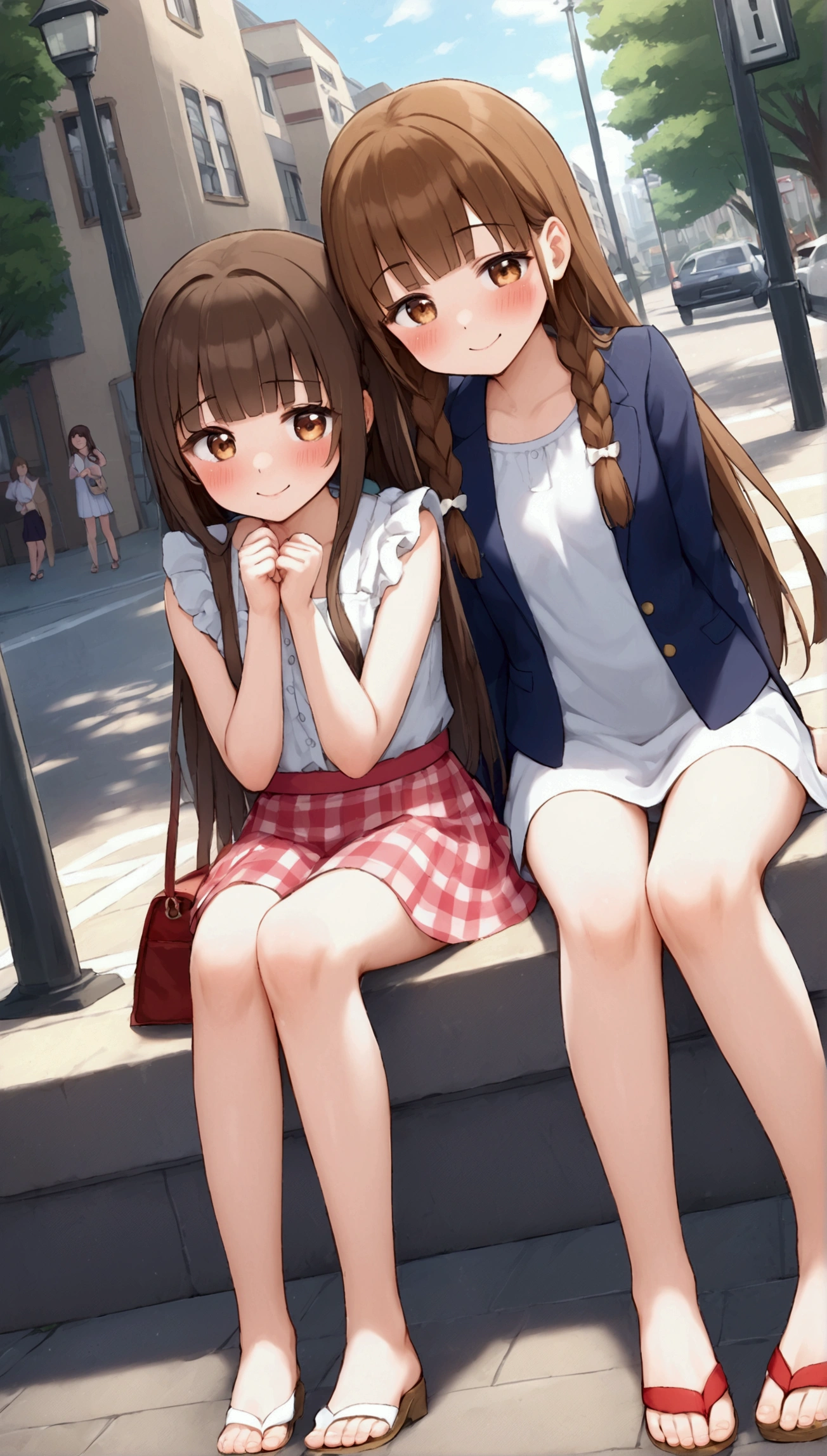 masterpiece, highest quality, Absurd, Perfect Anatomy, Beautiful background, Beautiful Face, Beautiful Eyes, Beautiful body, girl,from the front、Portraiture、 Twin tails、ribbon、Brown Hair,blush、High School Girl Blazer、Sitting on the steps of the station、Grey pencil skirt、Lace panties、loose socks、sneakers