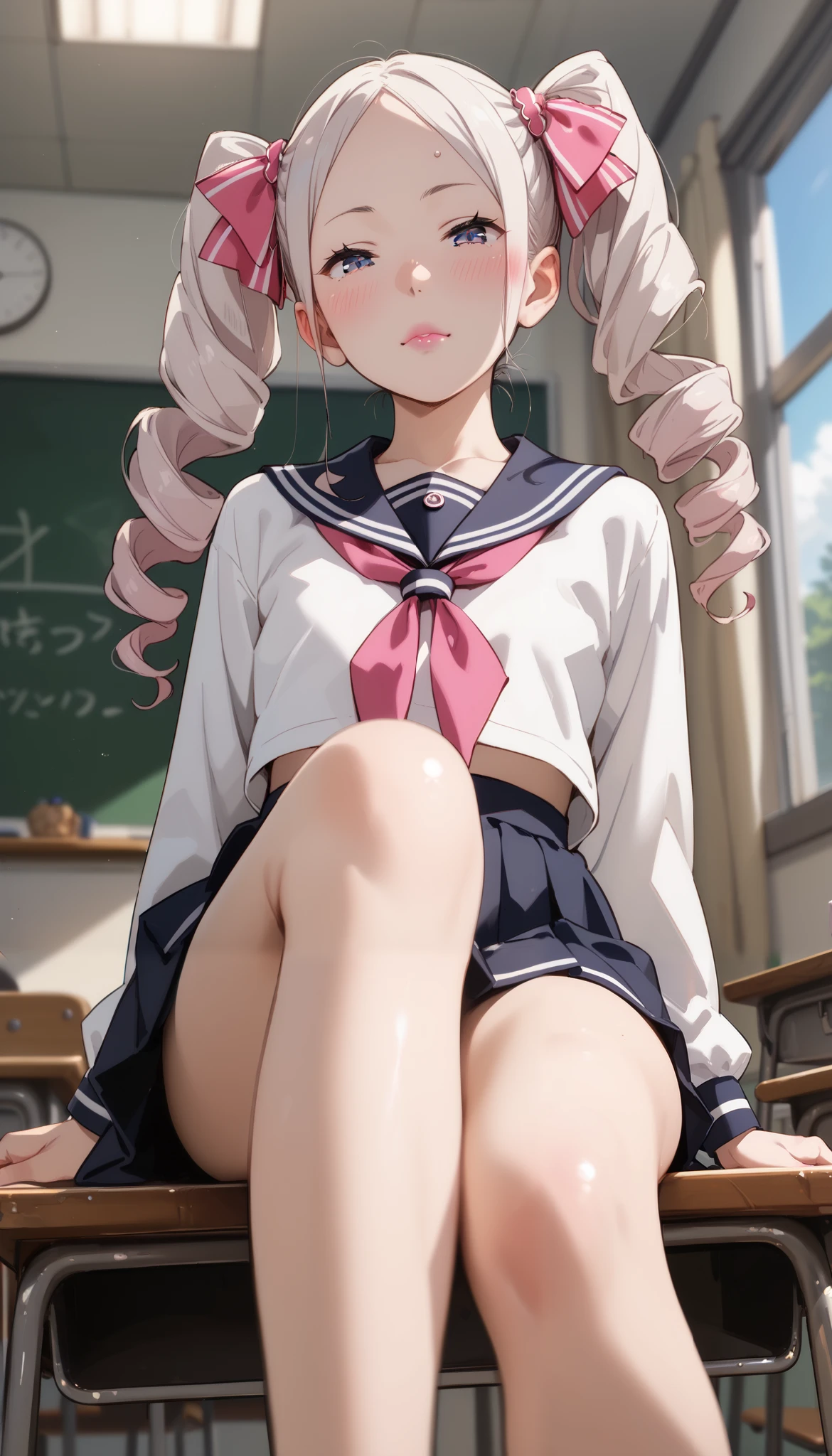 Has long pale hair that is almost creamy，((Double-wound ponytails are woven in vertical rolls))、Sailor Blouse、Classroom、((a class in session))、(1girl)、lean on a desk、(pink lip)、flat chest、sitting on a chair、((blush)),((from below))、lying on back