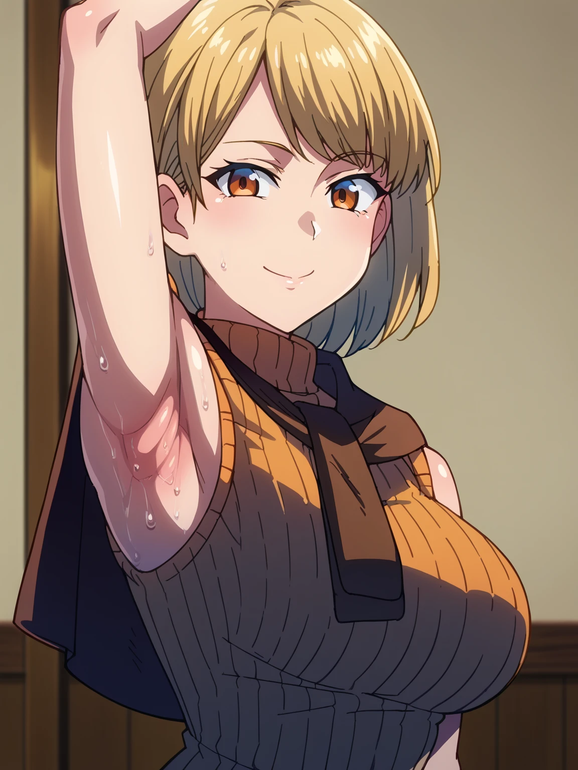 score_9, score_8_up, score_7_up, source_anime, anime screencap, 1girl, solo, Ashley Graham, orange eyes, blonde hair, orange sweater, sleeveless sweater, turtleneck sweater, ribbed sweater, arm up, raised arm, armpit, from side, looking at viewer, head towards viewer, smile, closed mouth, badhandv4, indoors , detailed armpits, sweaty armpits