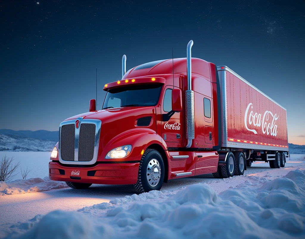 car photography, coca-cola semi truck, winter, snow, snowfall, night, starry sky, x-mass, 8k, 4k, detailed, attractive, beautiful, impressive, photorealistic, realistic, cinematic composition, volumetric lighting, high-resolution, vivid, detailed, stunning, professional, lifelike, crisp, flawless, DSLR, 4k, 8k, 16k, 1024, 2048, 4096, detailed, sharp, best quality, high quality, highres, absurdres, maximum detail, hard rim lighting photography, hyper realism, high detail, 8k, HDR, UHD