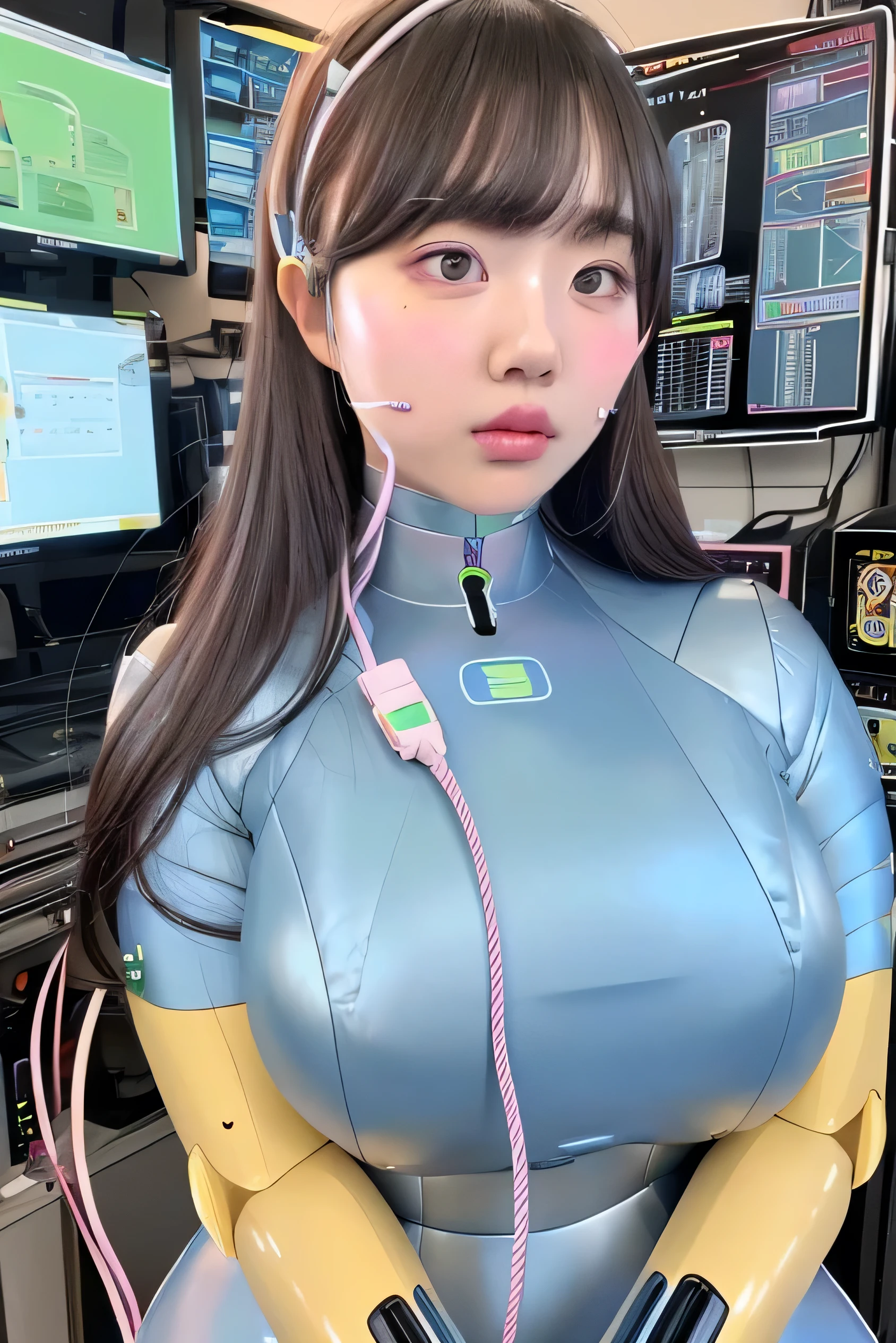 masterpiece, best quality, extremely detailed,portrait,front view,Japaese android girl,Plump,pastel color uniform, control panels,android,Droid,Mechanical Hand, Robot arms and legs,Blunt bangs,long tube,thick cable connected her neck