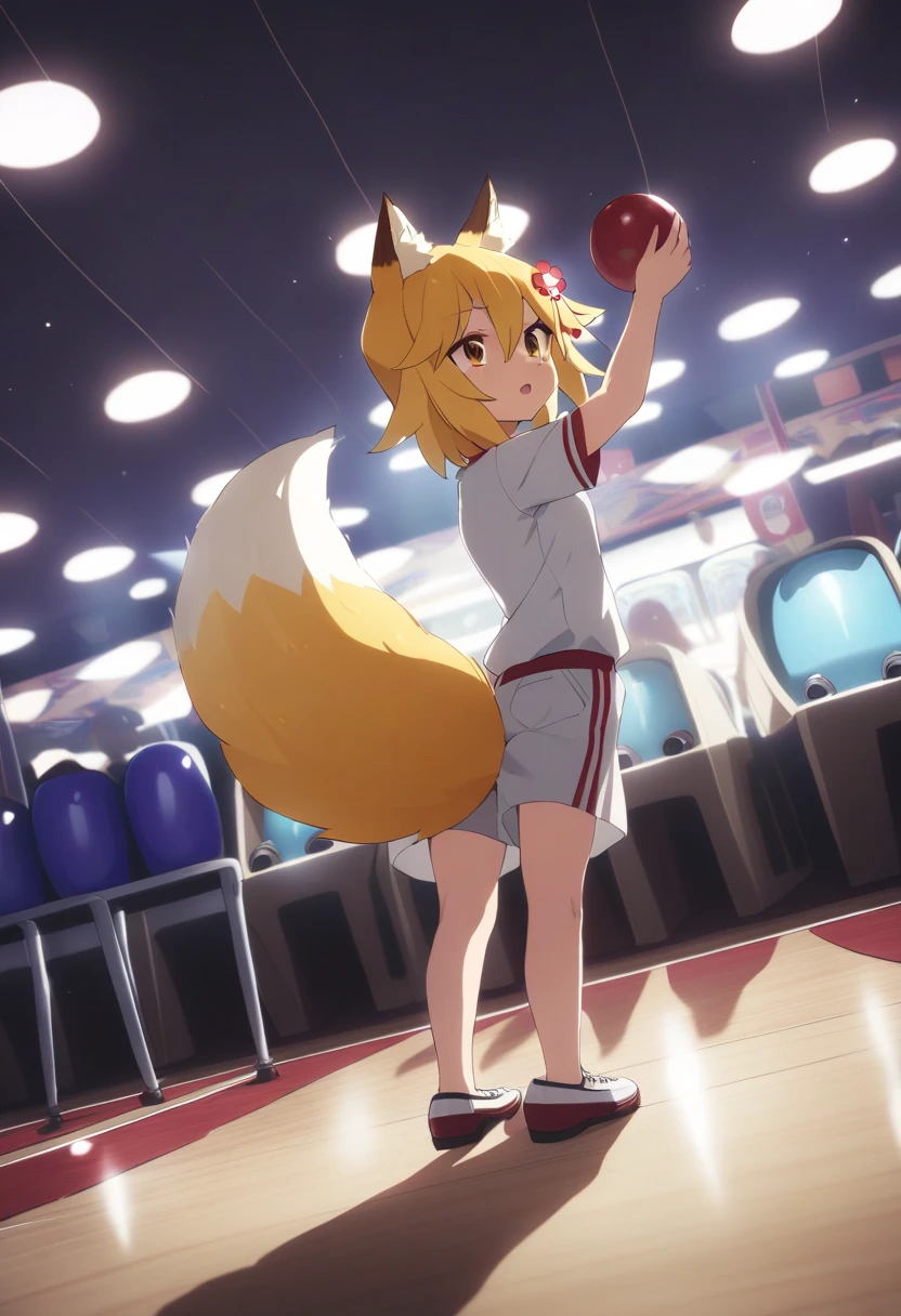 A person is throwing a bowling ball towards a bowling lane with a bowling alley in the background, is wearing bowling clothing, and is bowling,Cinematic angles, cinematic lighting, masterpiece, top quality
BREAK
sen, blonde hair, animal ears, fox ears, , animal ear hair, hair ornament, fox girl, hair flower, hair between the eyes, short hair, fox tail, tail, flat chest, yellow eyes, young girl,