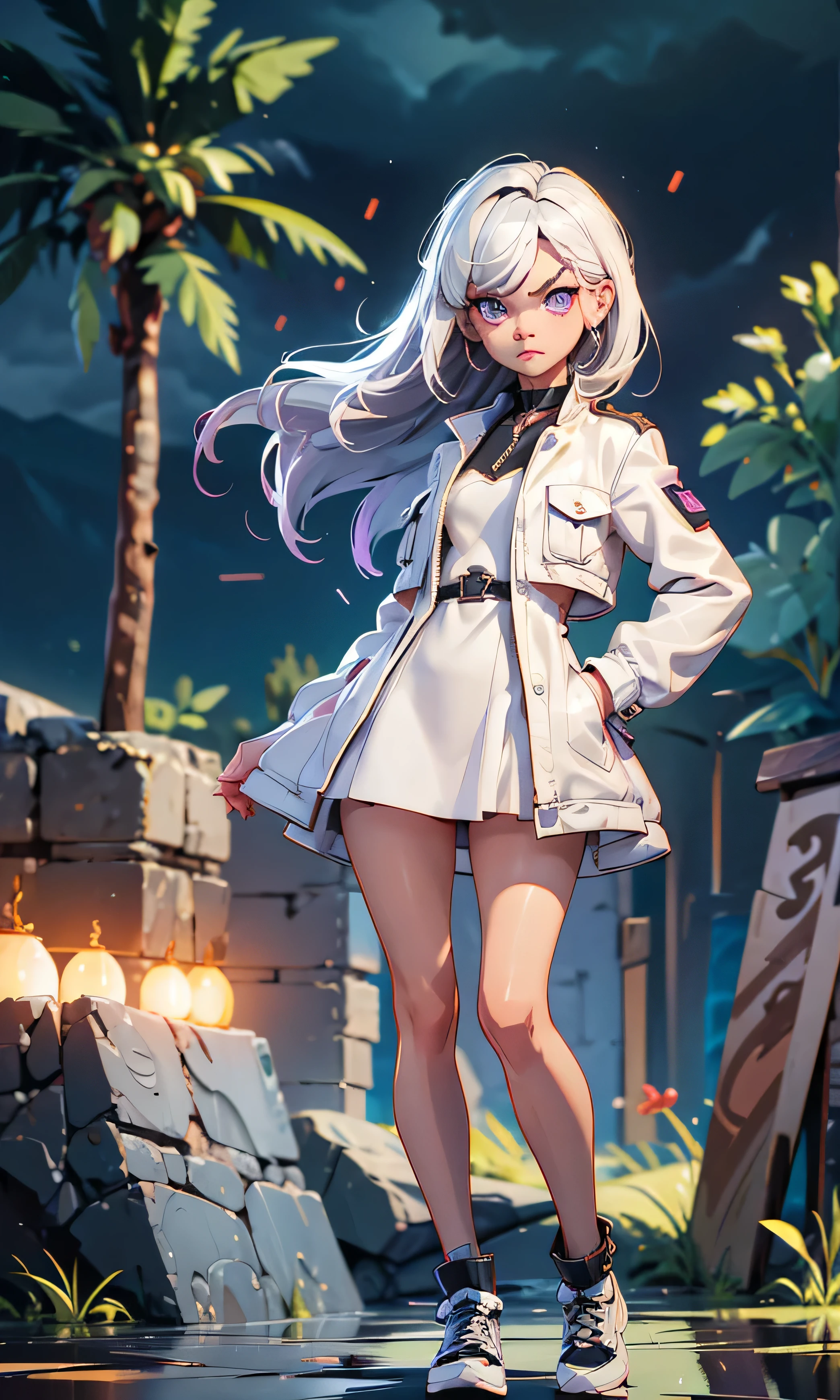 masterpiece, a girl, beautiful, adolescent, s, slim, Chiquita, head on, looking at the spectator, long hair , white hair, fringe, purple eyes, annoyed, arched eyebrows , cuerpo entero, small tits , cute legs, abdomen plano, very short dress , small white coat, black shoes, (((desnuda))), in a ruined castle, rain, dark sky,