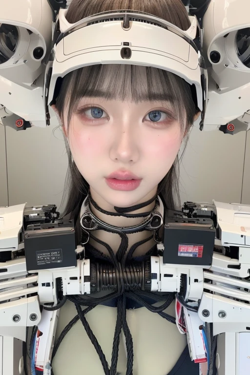 masterpiece, best quality, extremely detailed,portrait,upper body,front view,Japaese android girl,Plump, control panels,android,Droid,Mechanical Hand, Robot arms and legs,Blunt bangs,long tube,thick cable connected her neck,