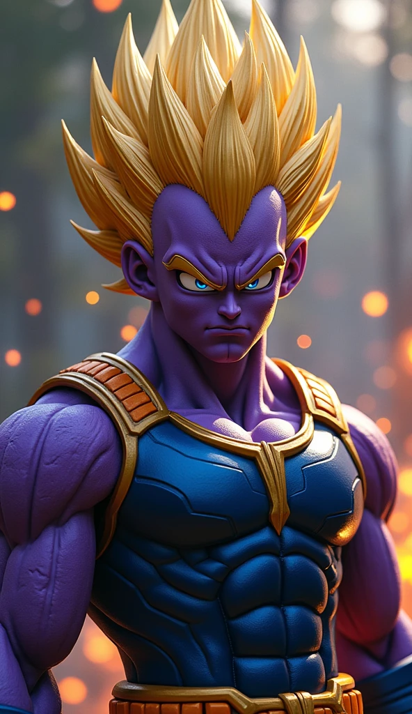 thnos, 8k, masterpiece, (goku:1.2), realistic, portrait, space background, perfect face, detailed face, (super saiyan:1.2), glowing purple hair, (planet:1.3)