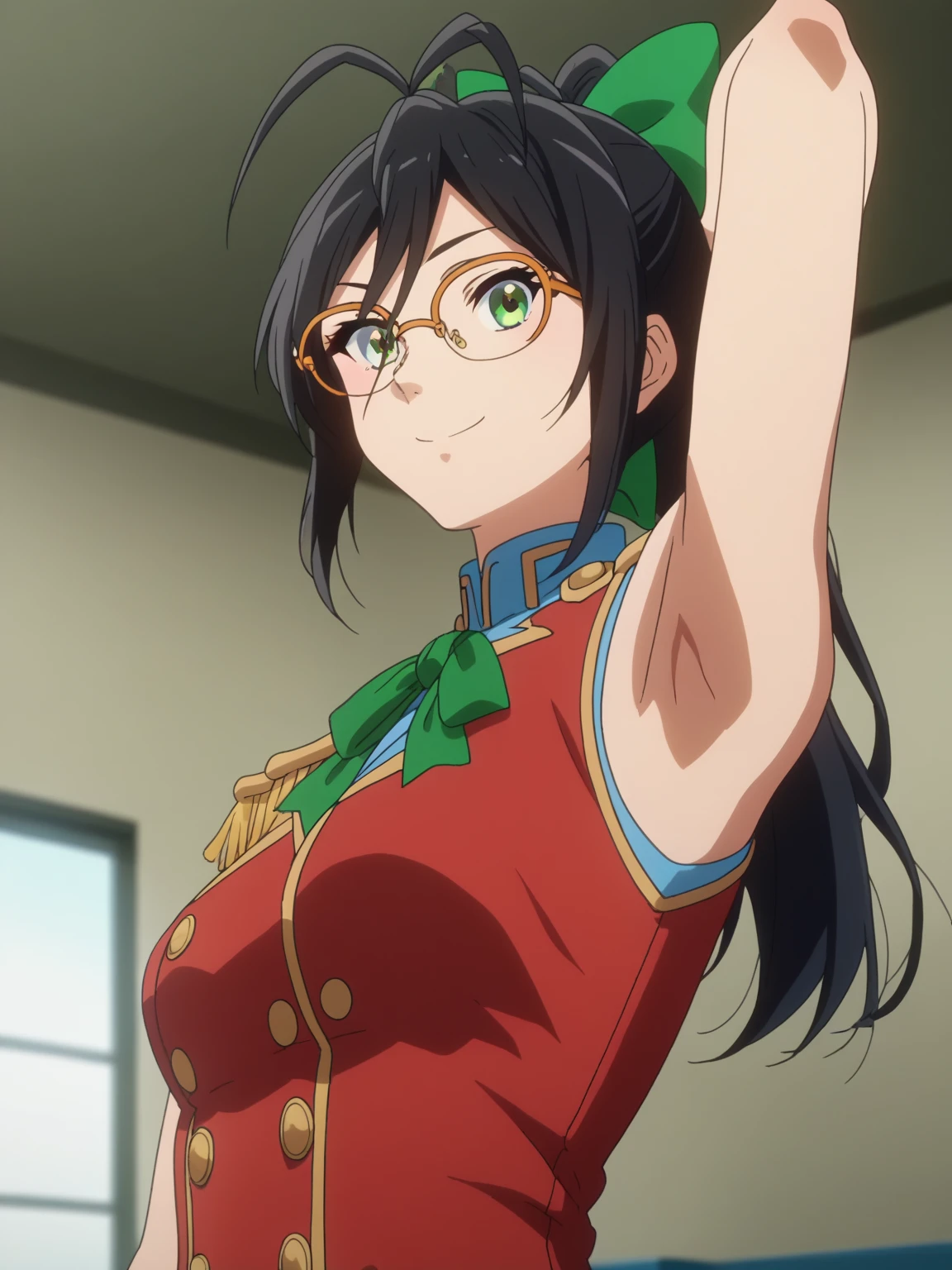 score_9, score_8_up, score_7_up, source_anime, anime screencap, 1girl, solo, long hair, ponytail, black hair, antenna hair, hair intakes, green eyes, hair bow, glasses, sleeveless shirt, blue shirt, epaulettes, aiguillette, neck ribbon, green ribbon, arm behind head, armpit, from side, (from below:1.1), looking at viewer, head towards viewer, smile, closed mouth, badhandv4, indoors,