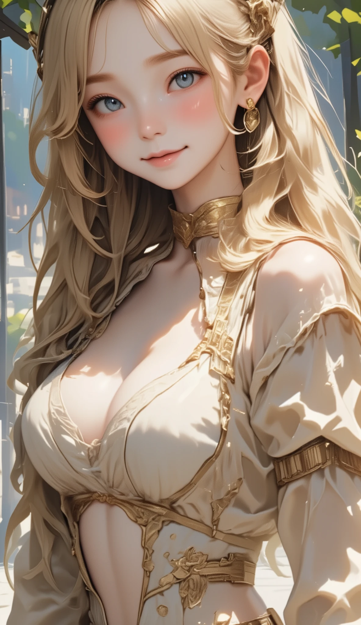 a beautiful  girl with exposed pussy and vagina, small breasts, intricate dress, soft smile, natural lips, long blonde hair with shaved sides, blue-gray eyes, realism, digital painting, concept art, smooth, sharp focus, rule of thirds, stylized psycho