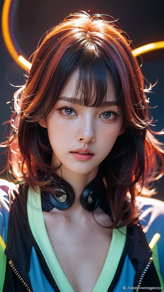 (masterpiece, highest quality, highest quality, Official Art, beautifully, aesthetic:1.2), Portrait Photography, (Cyberpunk beautiful girl 1 person), Big iridescent eyes, Beautiful skin, (Pink and blue long hair with bangs), Very detailed, (Neon colored fractal art:1.3), Perfect lighting, Sharp focus, High resolution, High resolution, High color rendering, High resolution, Super realistic,