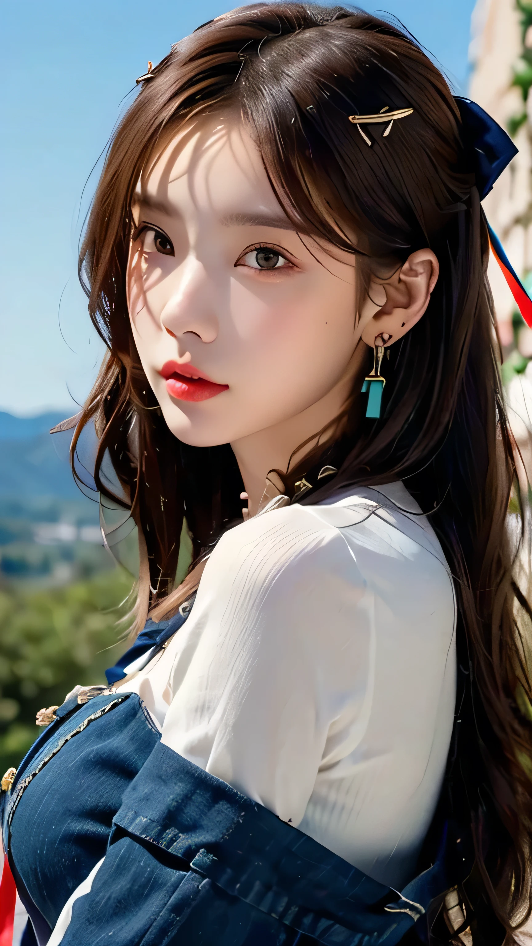 ((masterpiece: 1.4, best quality))+,(ultra detail)+, official art, unity 8k wallpaper, ultra detail, beautiful, high quality, Highlight your cute face, masterpiece, best quality, (Semi straight layered medium length hair, brown eyes, brown hair), (bust:1.5), vivid color, (colorful earrings, Hairpin with large ribbon decoration :1.4), On a hill with a blue sky