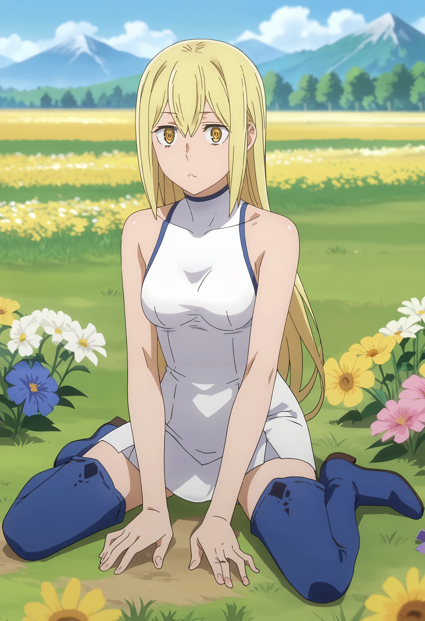 Surprise with fear startled, panicked, wide-eyed, visibly, score_7_up, anime screencap, 1girl, solo, long hair, blonde hair, hair between eyes, yellow eyes, AisCasual, sleeveless dress, white dress, short dress, thigh boots, blue footwear, sitting, on ground, looking at viewer, scenery, mountains, grass, flower field,