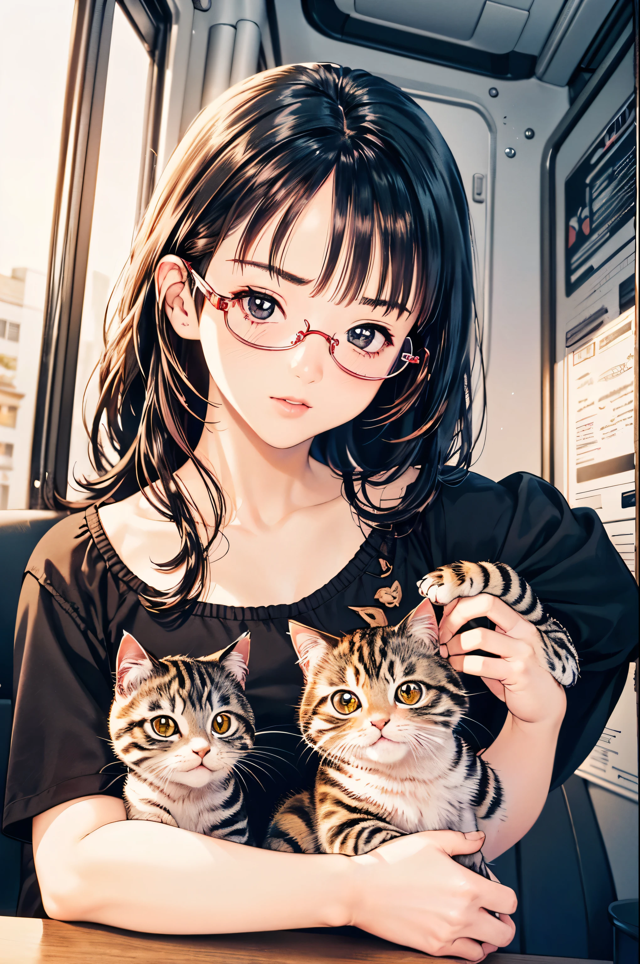 (8k、top-quality、​masterpiece:1.2)、(Realistic、Ultra-detailed、 super A high resolution 、 1 girl, ponytails bleeding from the vagina,Beautifully detailed face, perfect body for a lawn,((  Long Black Hair )),((evening)),narrow、( slim waist  :1.3)、 beautiful detailed skin holding a kitten、 skin texture、Floating Hair、((daylight)),(( office lady holding kittens,  sitting desk in the back seat of the bus,Wear red glasses,Knee)),,Full face blush,((evening))((  Upper Body Shots  )) 、Holding a kitten、(Exact hand count),