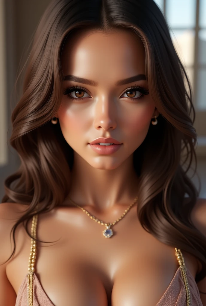 American girl of 18, video gamer, wearing translucent short T-shirt, black hair, ((blush: 0.8)), natural skin texture, 4K textures, highly detailed, insane details, faint colors , ((long wavy hair)), ((smile on face: 0.4)), (no panties: 0.2), ((looking directly at the camera)), ((tilted head: 0.8 )), ((lagre breasts:1)). xxl