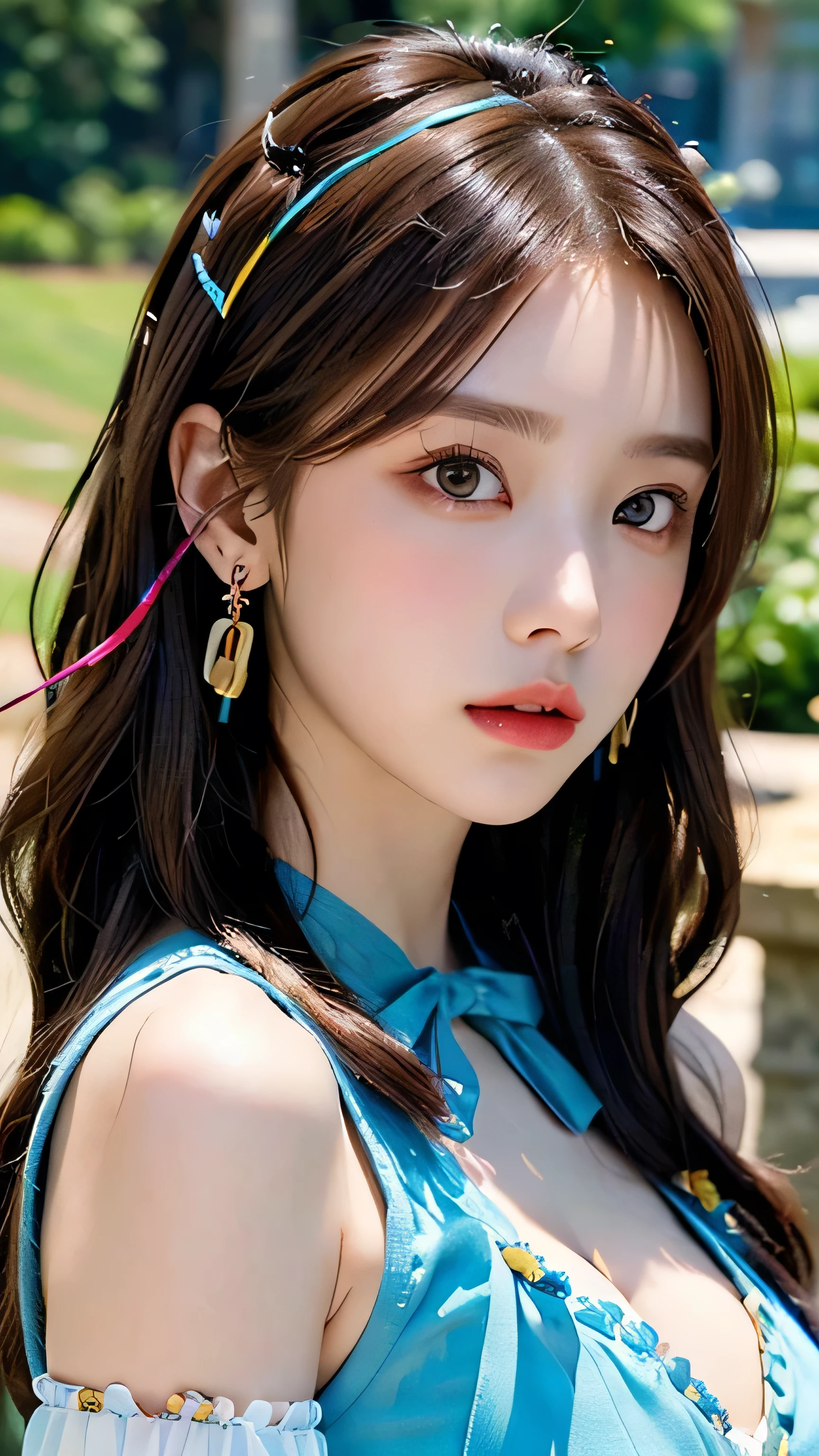 ((masterpiece: 1.4, best quality))+,(ultra detail)+, official art, unity 8k wallpaper, ultra detail, beautiful, high quality, Highlight your cute face, masterpiece, best quality, (Semi straight layered medium length hair, brown eyes, brown hair), (bust:1.5), vivid color, (colorful earrings, Hairpin with large ribbon decoration :1.4), On a hill with a blue sky
