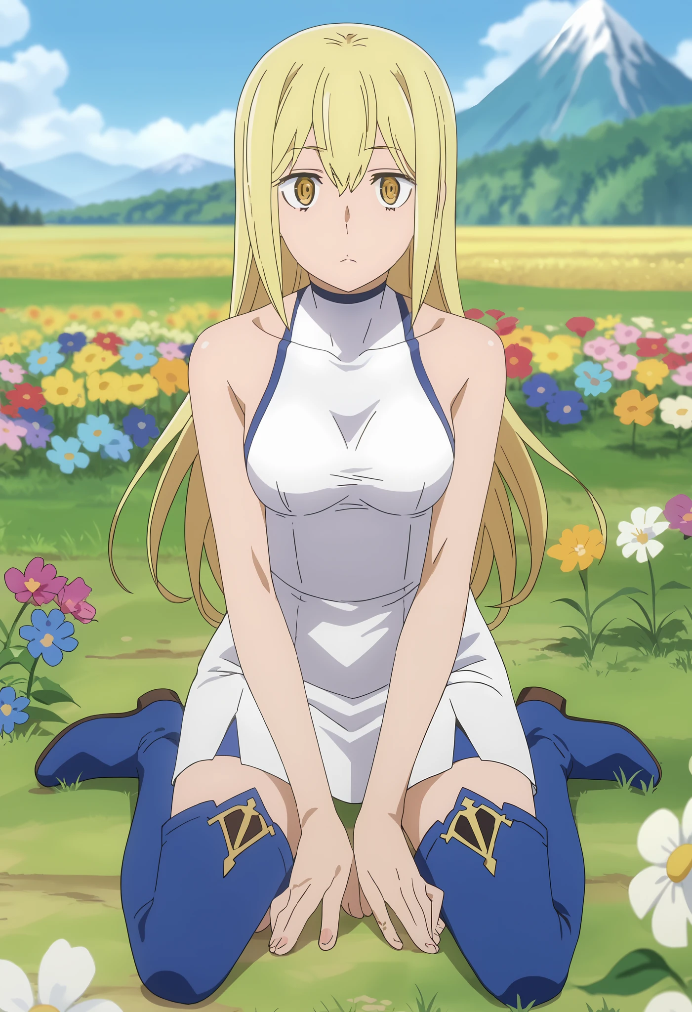 Surprise with fear startled, panicked, wide-eyed, visibly, score_7_up, anime screencap, 1girl, solo, long hair, blonde hair, hair between eyes, yellow eyes, AisCasual, sleeveless dress, white dress, short dress, thigh boots, blue footwear, sitting, on ground, looking at viewer, scenery, mountains, grass, flower field,