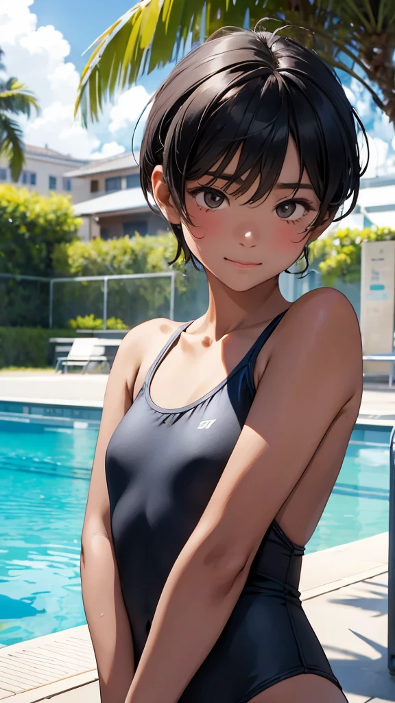  best quality、Realistic、、zoom、 、 girl、 look up 、cute、thin灰色の目、 black hair、 Floor Along Armpit Hair、 Short Hair 、 tanned brown skin 、Dark Skin、  school swimsuit、  of the pool is so big and sexy  、Shy laugh、 flat chested、Bust、thin、Pool