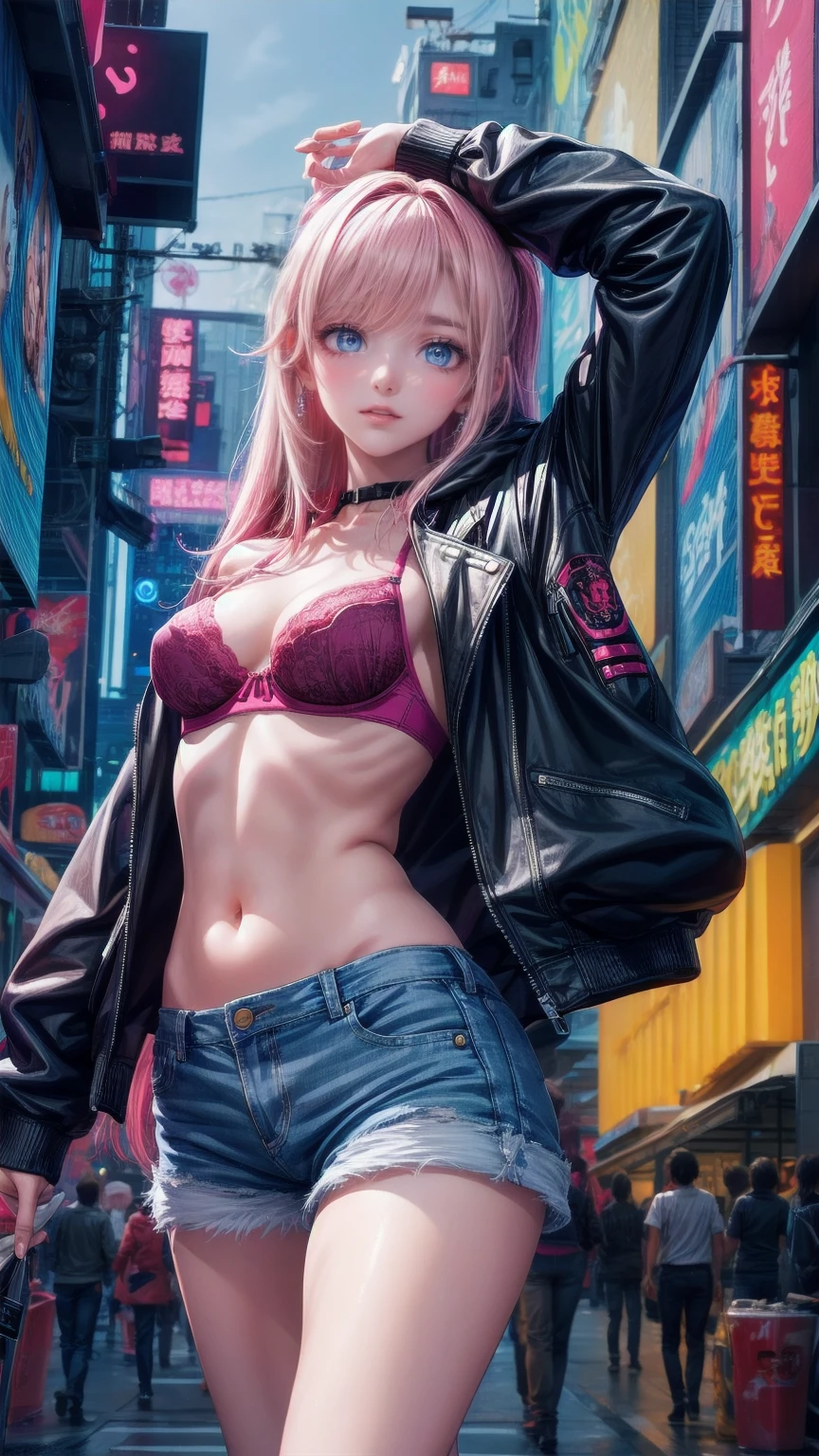   Woman with Long Hair and Jacket Poses in the City,  Cyberpunk Anime Girl Wearing Hood ,  urban girl fan art , Torn clothes,  Anime Style, 美しい digital art ワーク, Style Ross Tran ,  bra y shorts streetwear ,  digital art . @mariomaniacdude,  Realistic Anime 3D Style ,  Vibrant Ross Draws Cartoons  ,   belly button is exposed  ,  anime atmosphere 