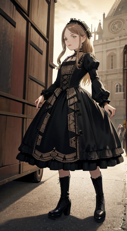 A woman in a dress and boots is standing in front of a building, baroque dress, in detailed steampunk dress, an elegant gothic princess, victorian gothic lolita fashion, Historical Baroque Dress Dark, black gothic lolita dress, fantasy style clothing, rococo dress, black rococo, classical witch, fantasy outfit, wearing a gothic dress, romantic dress, gothic dress