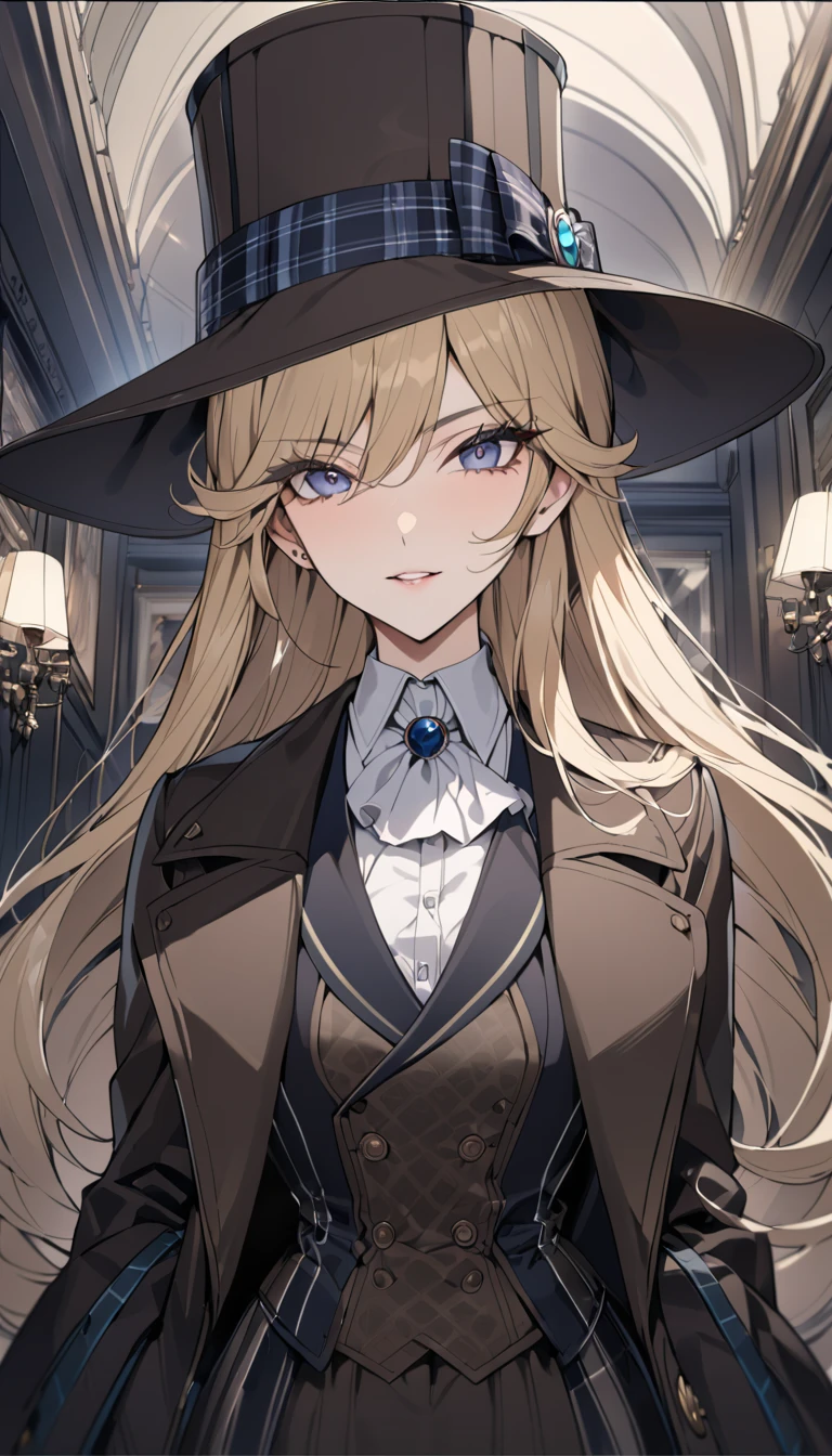 (detailed), adult woman like Sherlock Holmes, Wearing a silk hat and an Inverness coat, British gentleman style, ((highest quality)), ((masterpiece)), perfect face, blonde hair, long hair, Woman in her 20s