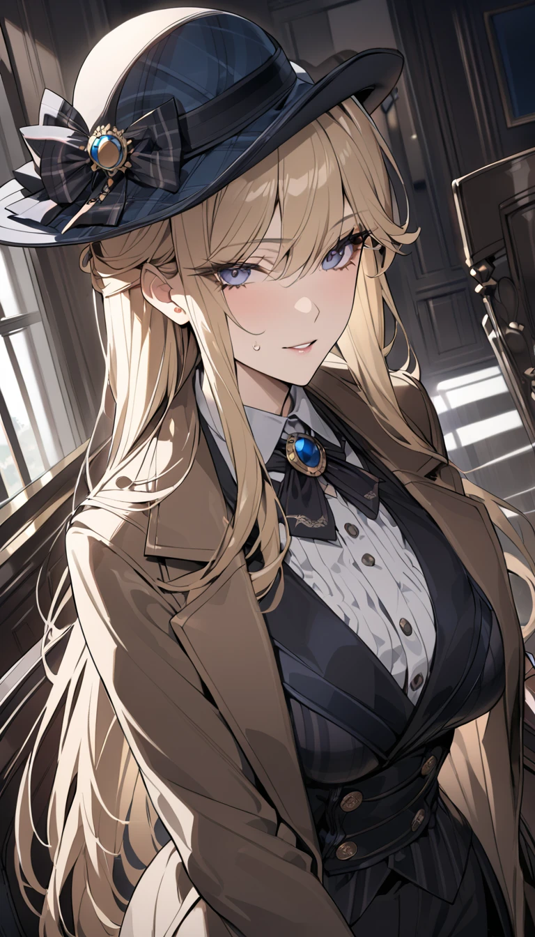 (detailed), adult woman like Sherlock Holmes, Wearing a silk hat and an Inverness coat, British gentleman style, ((highest quality)), ((masterpiece)), perfect face, blonde hair, long hair, Woman in her 20s