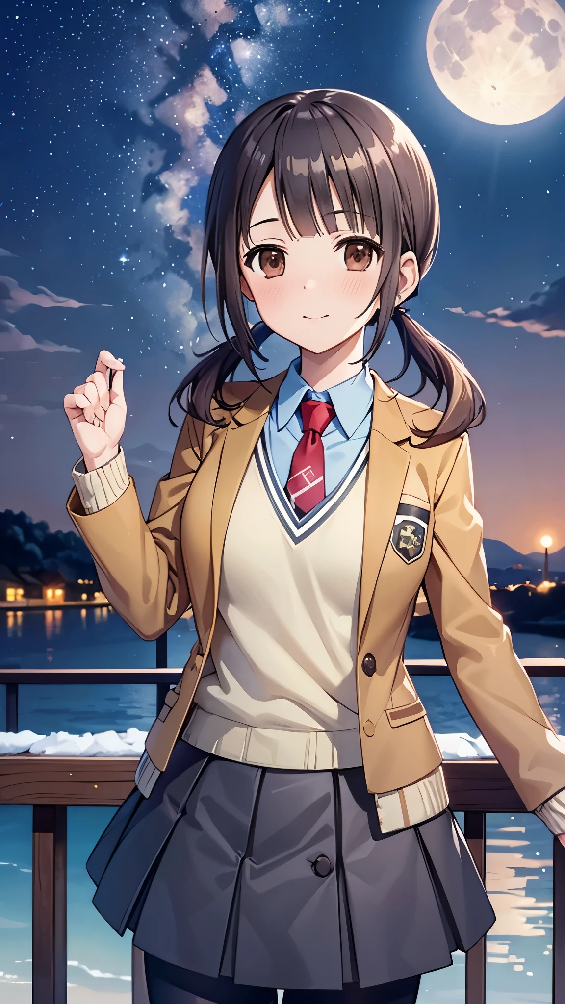 okitasawa, low twintails,brown jacket,(masterpiece, best quality) red necktie, yellow sweater vest, blue skirt, pantyhose, red muffler,deep night sea,starry sky,torogao,upper body shot,red cheek,full moon, 