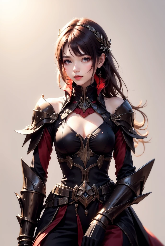 Succubus, black and red hair, female, leather armor, 2 daggers, breasts, yellow eye,