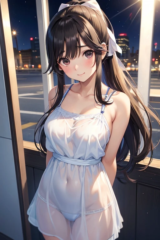 Takane Manaka、  shiny brown long hair、 ribbon ponytail、 beautiful brown eyes 、smile、Sparkling Eyes, (fine grain)、 Highly Detailed Eyes、 very detailed face in light blue underwear,  Highly Detailed Eyes, 
masterpiece,  best quality,  high definition , ( best quality,masterpiece:1.2),Alone,Alone、 Cowboy Shots、nsfw,


(( Play)), Translucent Thin Camisole Dress,(((Anime Style:2, Shyness,))),Red face,,Downtown Street Corner at Night ,passenger,(Areola),Arms folded behind back,