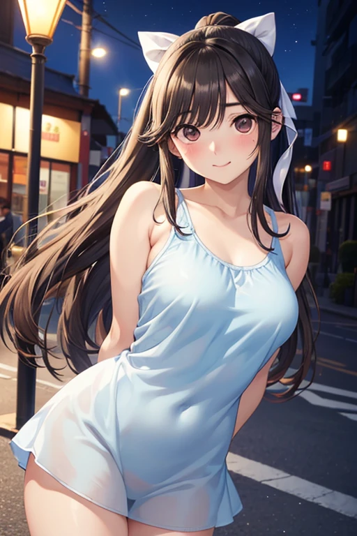 Takane Manaka、  shiny brown long hair、 ribbon ponytail、 beautiful brown eyes 、smile、Sparkling Eyes, (fine grain)、 Highly Detailed Eyes、 very detailed face in light blue underwear,  Highly Detailed Eyes, 
masterpiece,  best quality,  high definition , ( best quality,masterpiece:1.2),Alone,Alone、 Cowboy Shots、nsfw,


(( Play)), Translucent Thin Camisole Dress,(((Anime Style:2, Shyness,))),Red face,,Downtown Street Corner at Night ,passenger,(Areola),Arms folded behind back,