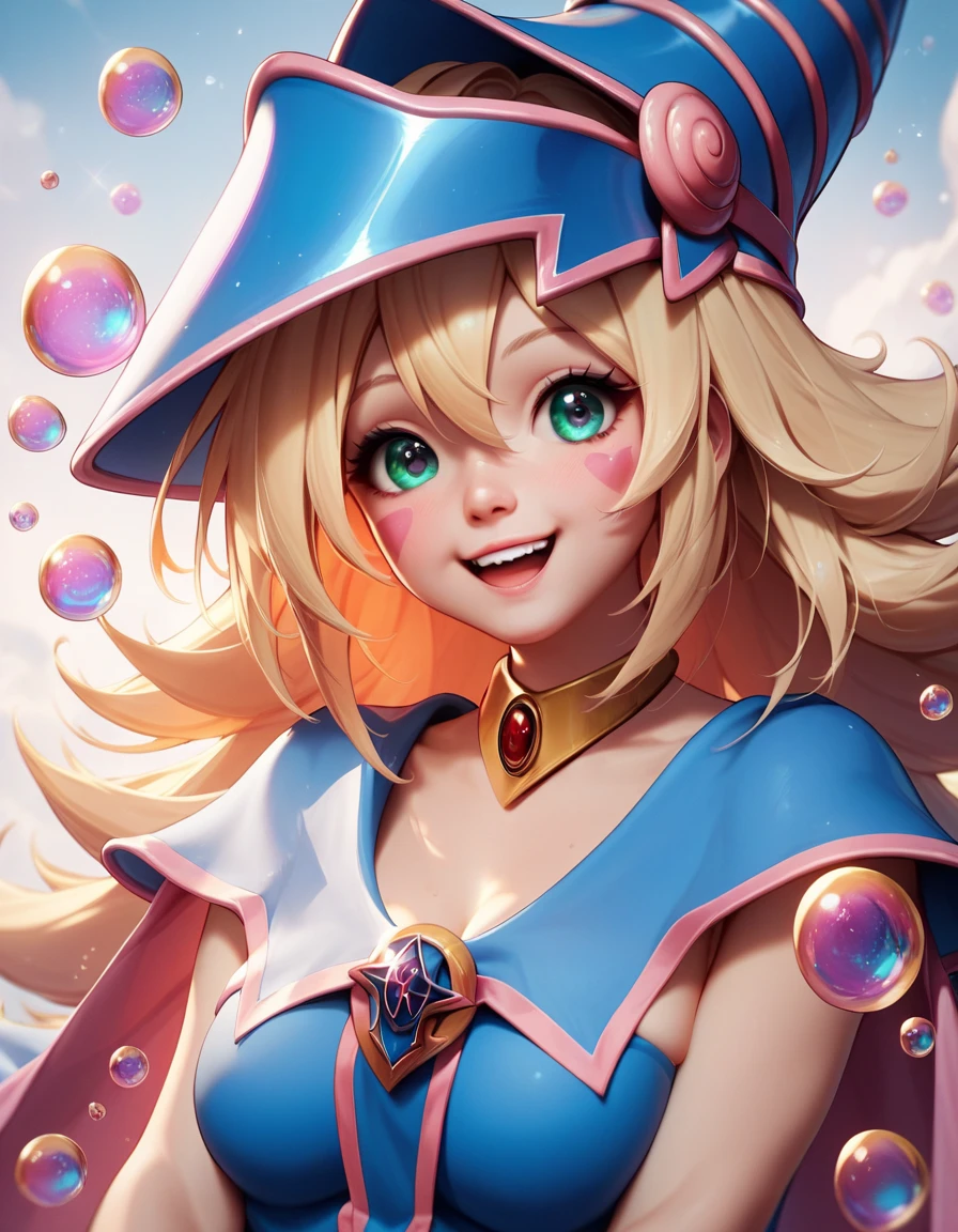 , a cute magician girl ,in a hat and cape ,big expressive eyes,sweet smile, a pile of blond hair  , looks at the book and conjures incredible magical colorful bubbles, who fly in different directions ,Cute image, high detail,