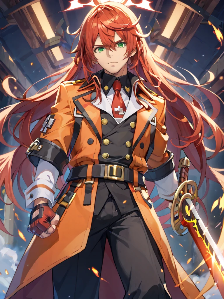 GUILTY GEAR, {{{{{Illustration of a person}}}}, {{{ orange battle coat}}}, Orange and black outfit ,  long brand hair,  straight hair , 36k image quality ,  long bangs  , Shut your mouth., ４０Old man,  handsome, Narrow green eyes ,  Official Art、  best quality、  Unity 8K Wallpaper 、32K、masterpiece、 super detailed, Male nose, Male Eyes  , Male outline  , {{{ carrying a large red sword }}}, Fighting in the old battlefield ,  acrobatic poses,