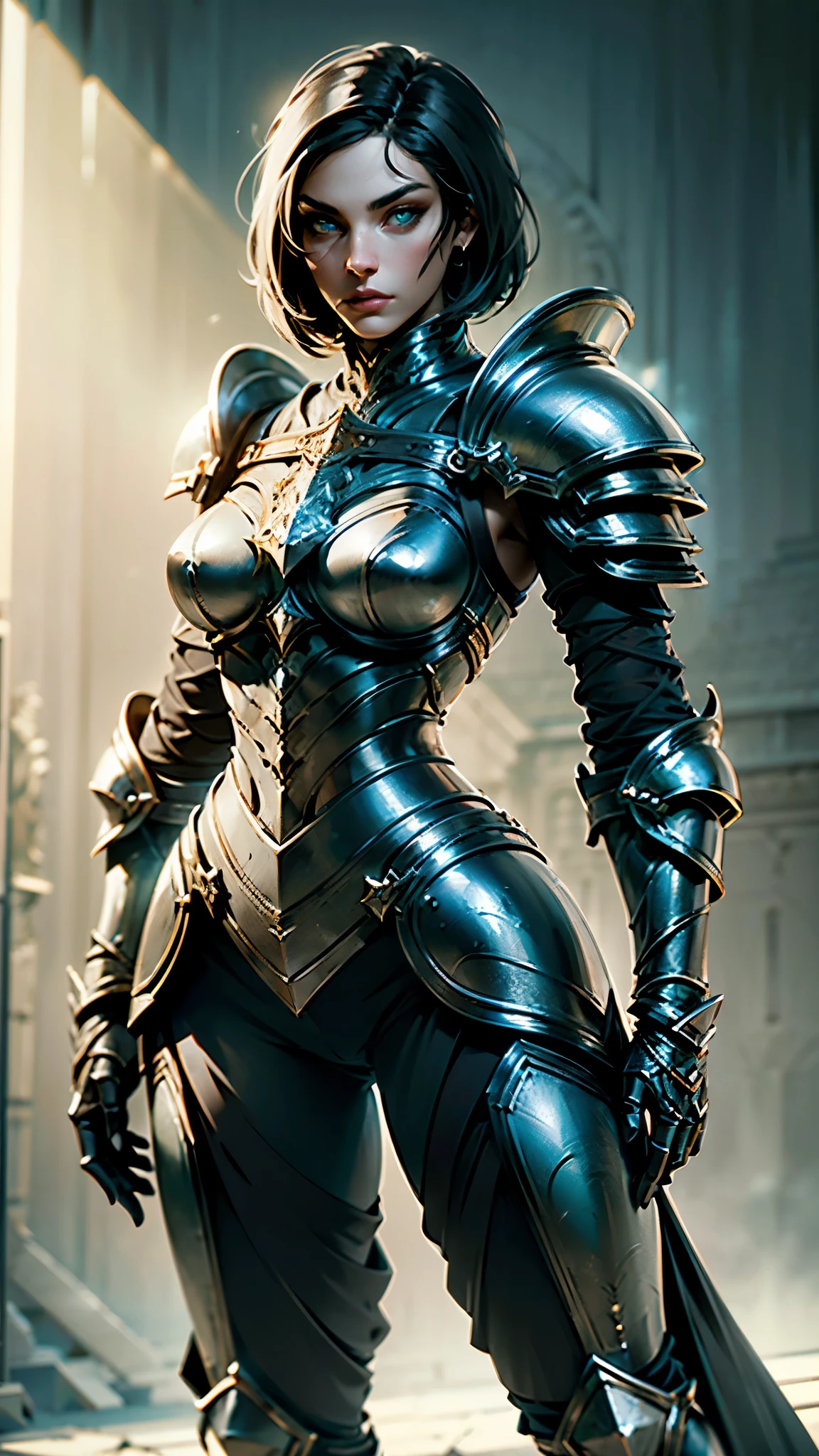 alexistexas, 1girl, abs, armor, armored boots, bikini armor, shoulder armor, smile, solo, standing, thick thighs, thighhighs, thighs, tiara, toned, twin drills, twintails, very dark skin, light blonde hair, detailed face, detailed eyes