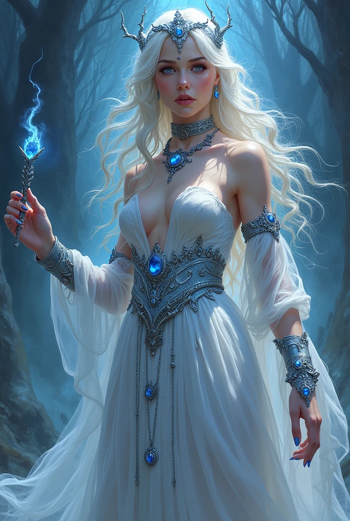 white forest background, colorful design, Aurora, mythical and fatal seduction, dynamic pose, porous white hair, big eyes, blue eyes, body covered in tattoos, red lips, dark light, bright light. mystical, thread outfit, Well detailed body, well detailed face, detailed eyes, detailed hands, strict details. tender look. perfect body, super detailed, 8k, masterpiece, vivid colors. FULL BODY
