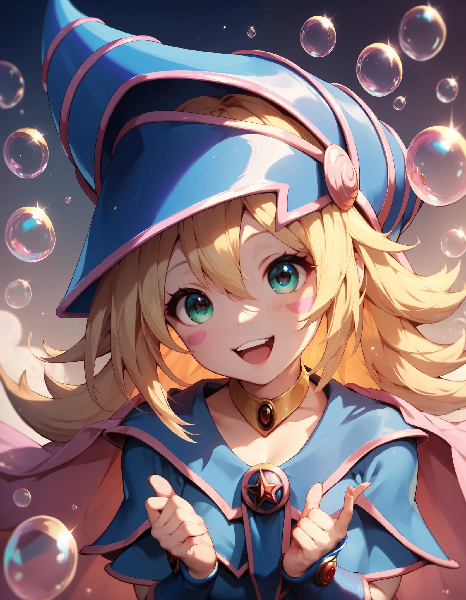 , a cute magician girl ,in a hat and cape ,big expressive eyes,sweet smile, a pile of blond hair  , looks at the book and conjures incredible magical colorful bubbles, who fly in different directions ,Cute image, high detail,