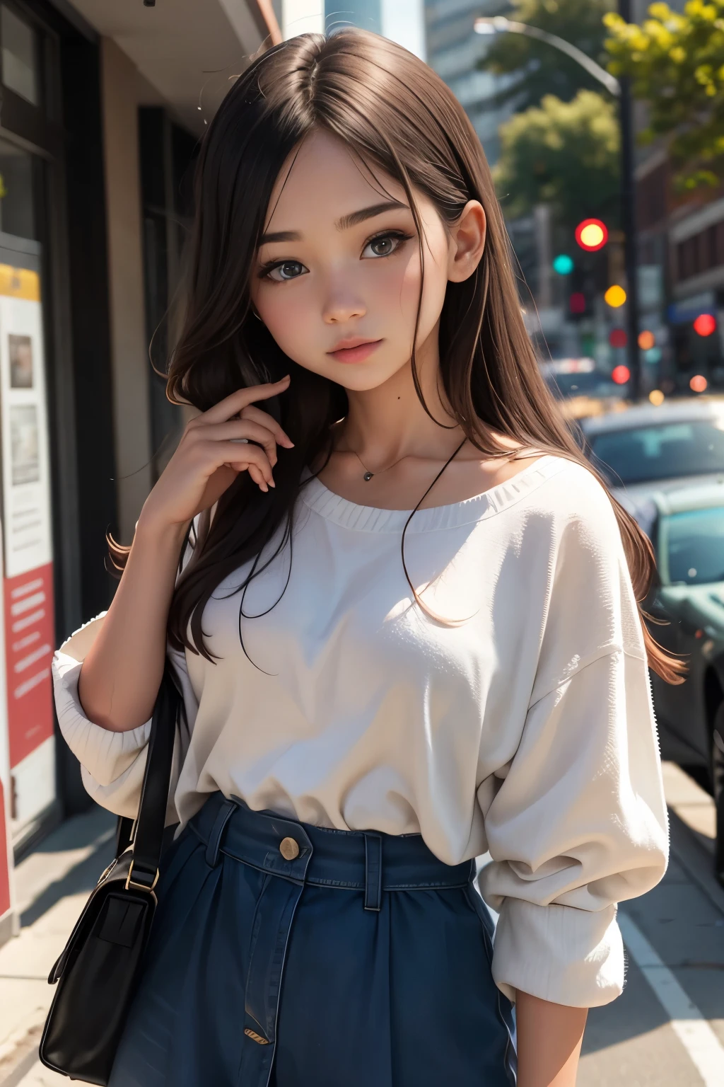 (1girl), dark hair, random hair style, wearing a woolen camisole and denim skirt, standing at a bus stop
