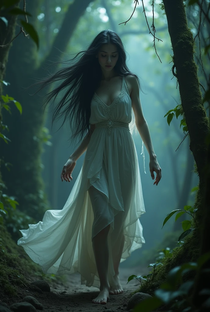 Photorealism 1.2 high definition women full white dress filthy dress long hair hanging at dead tree with hooks on shoulder smoke effect ugly scariest face blood Asian rain forest background dusk effect zombie face deep jungle full white dress