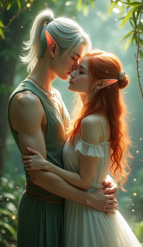 Masterpiece, watercolor: A passionate dance between two elongated miniature tinkerbells (similar to Elodie Guipaud and Celina Ralph) on a branch of an oak tree, dew droplets, illuminated by a single glowing firefly. Fairytale-like atmosphere. Soft, tender. Bokeh. In the style of Josephine Wall and Takashi Murakami and Boris Vallejo.