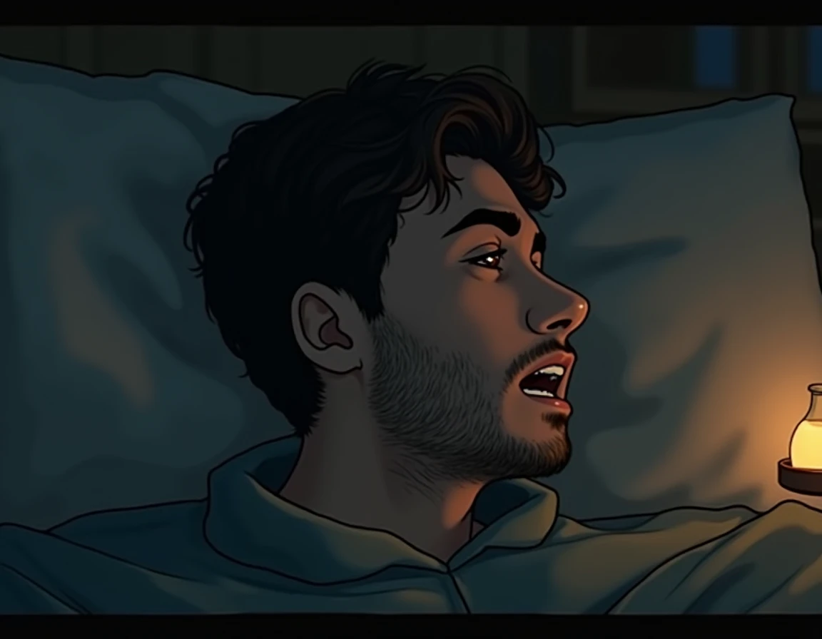 A shocking image of an exhausted young man, wrinkled, perspiring, is in desperation seeking success, looking straight ahead, expression frustrated by seeking success and not achieving it, in the background a television with the Netflix logo, drinks around and a bed with a prostitute lying on it, symbolizing the distractions that prevent you from achieving success, realistic illustration,