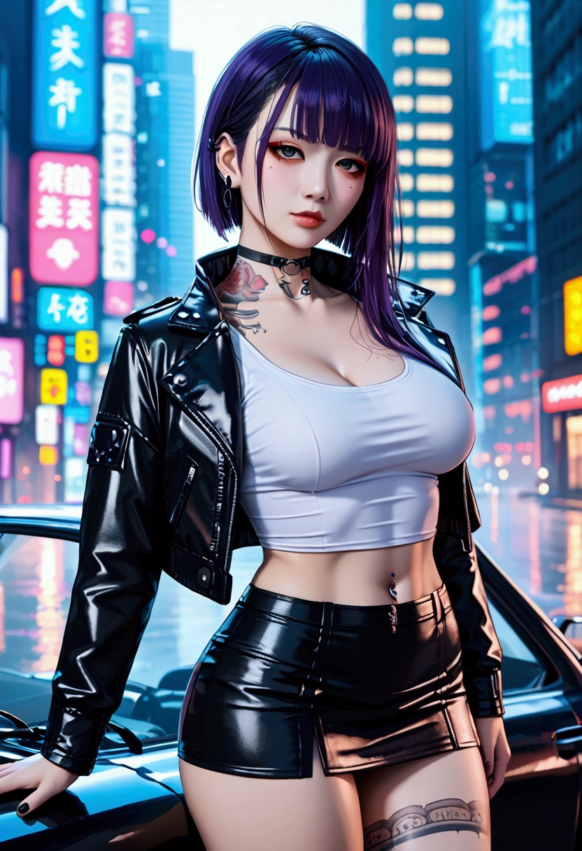 (Best Quality, Masterpiece, Ultra High Definition, High resolution, highly detailed, High Definition Face:1.5), 20-year-old woman, 1 beautiful woman, (full body photo:1.4), (Beautiful woman wearing a leather jacket, neon color fashion:1.2), beautiful eyes, light in the eyes, eyes are in focus, white skin, Glossy, shiny skin, very Fair skin, (film photography style, photo with strong shadows, Background neon light, City of night, cyber punk:1.2), Poker face, violently fluttering hair, random hair styles, random hair color, (Slim, Big Breasts, Huge Breasts)