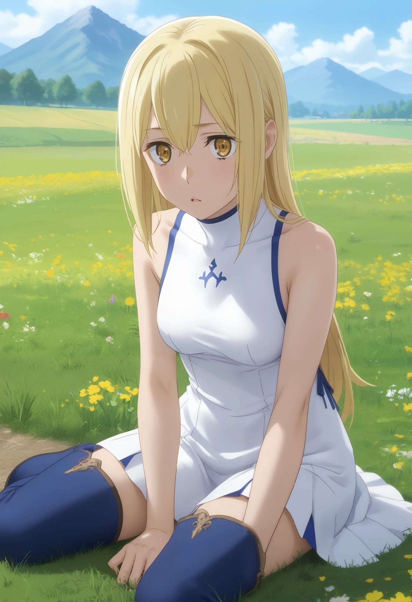 Surprise with fear startled, panicked, wide-eyed, visibly, score_7_up, anime screencap, 1girl, solo, long hair, blonde hair, hair between eyes, yellow eyes, AisCasual, sleeveless dress, white dress, short dress, thigh boots, blue footwear, sitting, on ground, looking at viewer, scenery, mountains, grass, flower field,