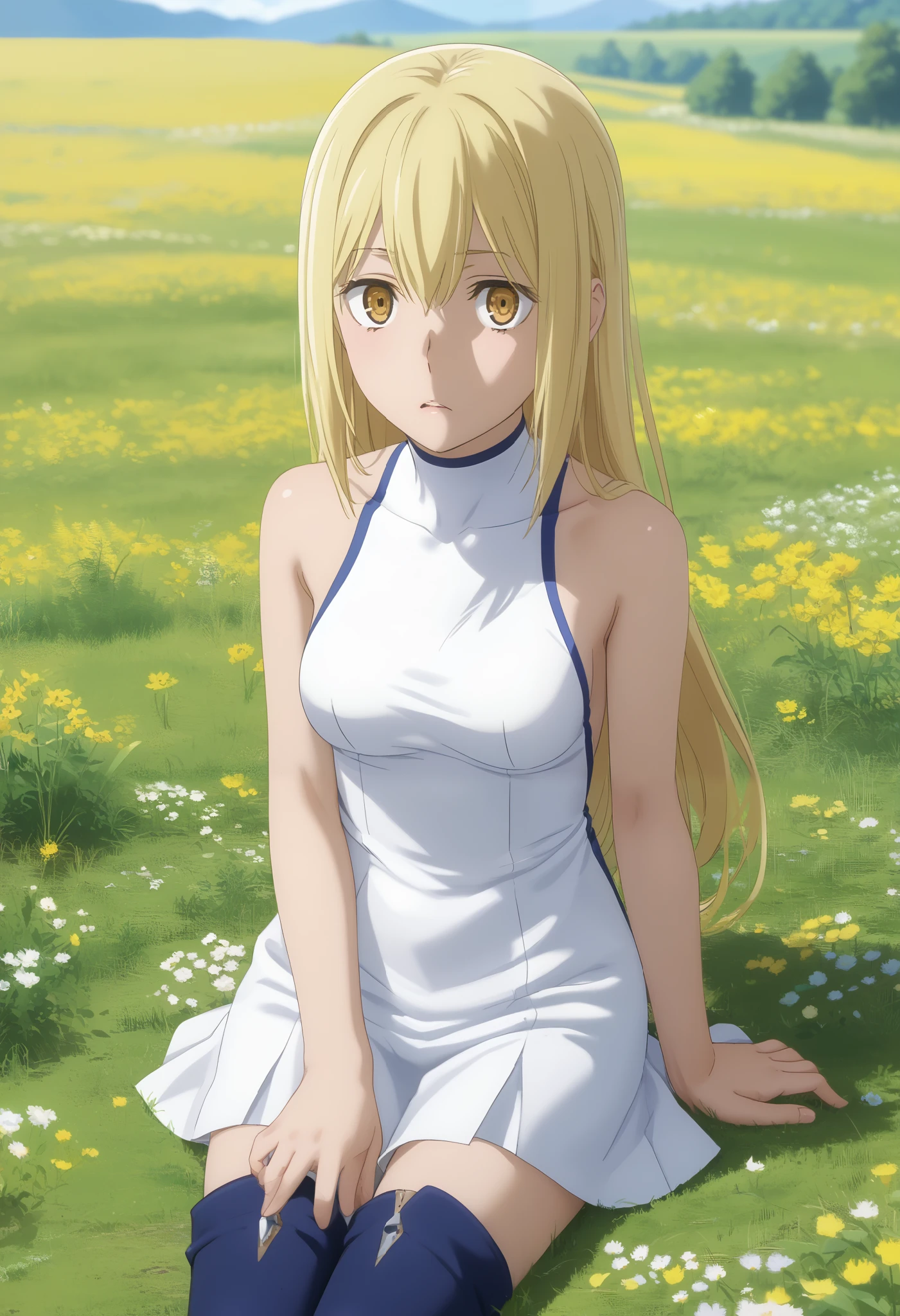 Surprise with fear startled, panicked, wide-eyed, visibly, score_7_up, anime screencap, 1girl, solo, long hair, blonde hair, hair between eyes, yellow eyes, AisCasual, sleeveless dress, white dress, short dress, thigh boots, blue footwear, sitting, on ground, looking at viewer, scenery, mountains, grass, flower field,