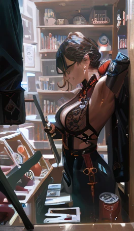 A woman preparing for a job in a bookstore,, cool shot , assassin outfit
To achieve photography that resembles Guweiz's art, you can focus on several key elements that define his style:
1. Cinematic Atmosphere: 
3. Color Grading: 
4. Subjects in Action: 