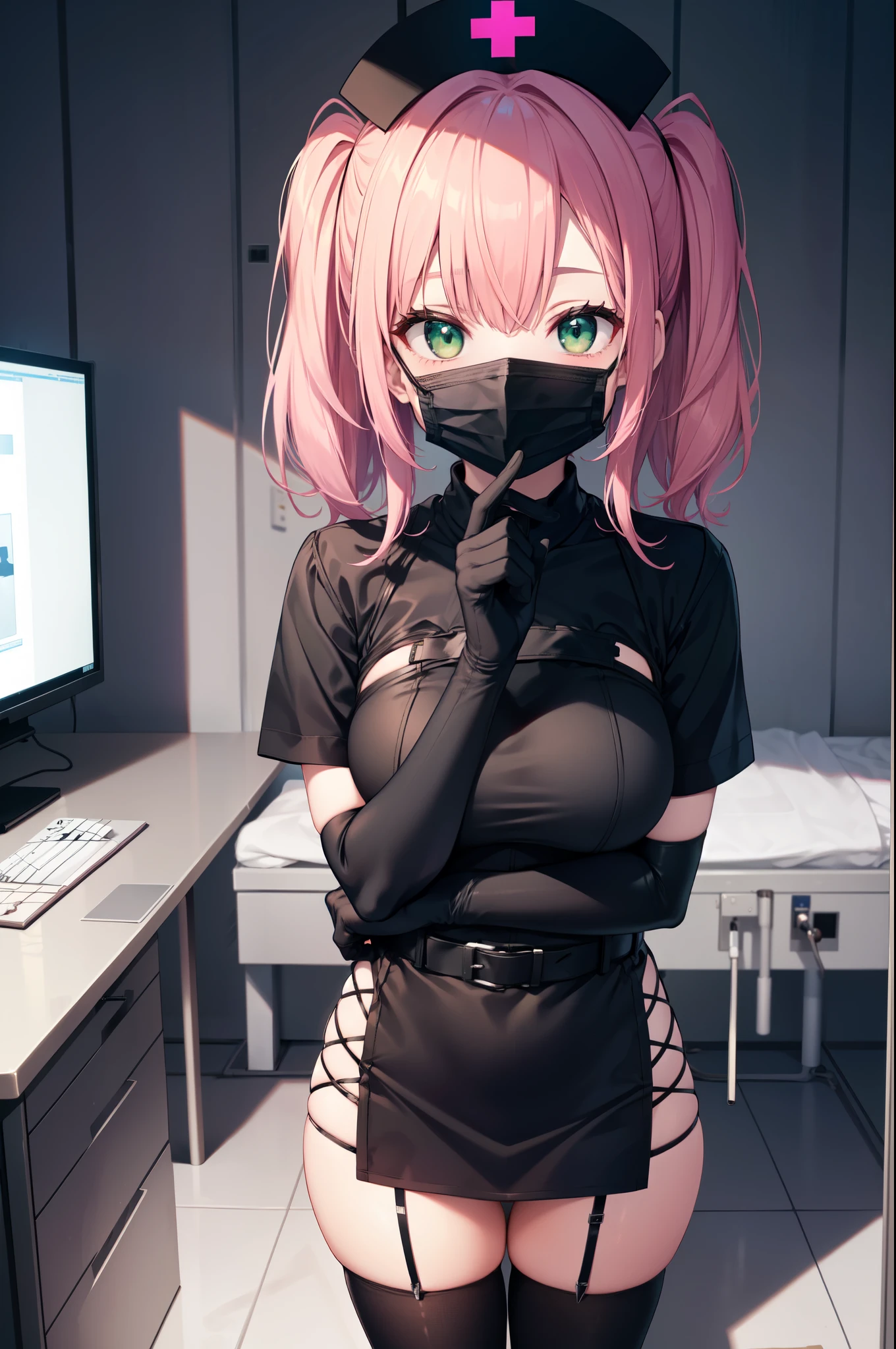 black nurse, 1woman, solo, black nurse cap, black nurse uniform, ((black legwear, zettai ryouiki)), black elbow gloves, pink hair, green eyes, drooping eyes, ((black surgical mask, covered nose)), standing, ((surgery room)), sharp outline, short sleeves, mature female, 32 years old, best quality, masterpiece