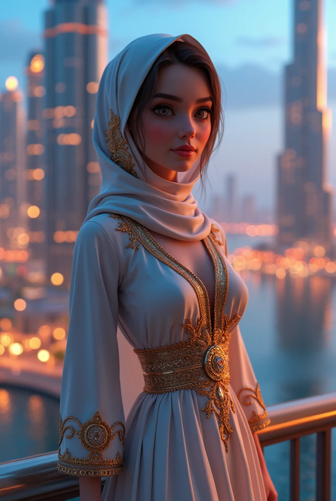 Masterpiece, realistic, best quality, best lighting, 1 girl photo solo, beautifully makeup, eyeshadow, Parted Lips, Detailed Eyes, beautiful big detailed eyes, long eye lashes, smile, wearing ((gray satin headscarf)), loosely tide hijab style, ((brown satin shirt)), satin long pants, dyllic hat, high cut boots, sitting in a garden, United Arab Emirates Burj Khalifa View