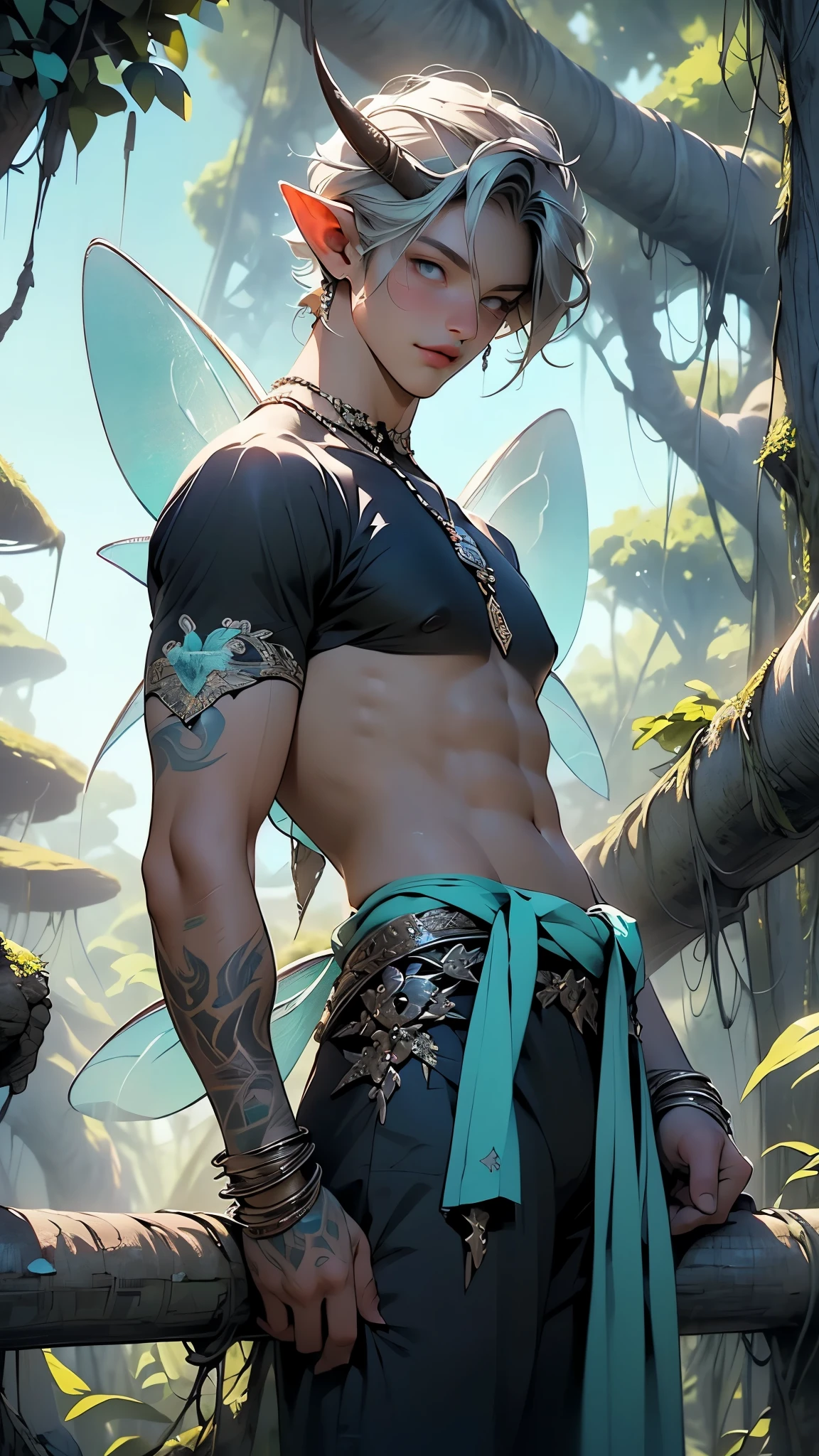 masterpiece, best quality, 1 naked muscular boy, falling from the sky, clouds, balloons, full body shot, looking at the camera,perfect eyes,high detailed,uhd 8k,ultra realistic,photorealistic, yellow and green holographic colors, futuristic, cartoon rendering, cinematic shot, best quality, masterpiece, realistic, 1boy, handsome young looking babyface, elven ears, instagram model, fairy wings, topless, (loincloth underwear:1.1), puffy nipples, torso shot, short hair spiked black hair, forest background, fantastical, overgrown trees and plants,