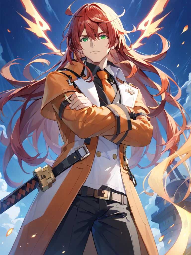 GUILTY GEAR, {{{{{Illustration of a person}}}}, {{{ orange battle coat}}}, Orange and black outfit ,  long brand hair,  straight hair , 36k image quality ,  long bangs  , Shut your mouth., ４０Old man,  handsome, Narrow green eyes ,  Official Art、  best quality、  Unity 8K Wallpaper 、32K、masterpiece、 super detailed, Male nose, Male Eyes  , Male outline  , {{{ carrying a large red sword }}}, Fighting in the old battlefield ,  acrobatic poses,