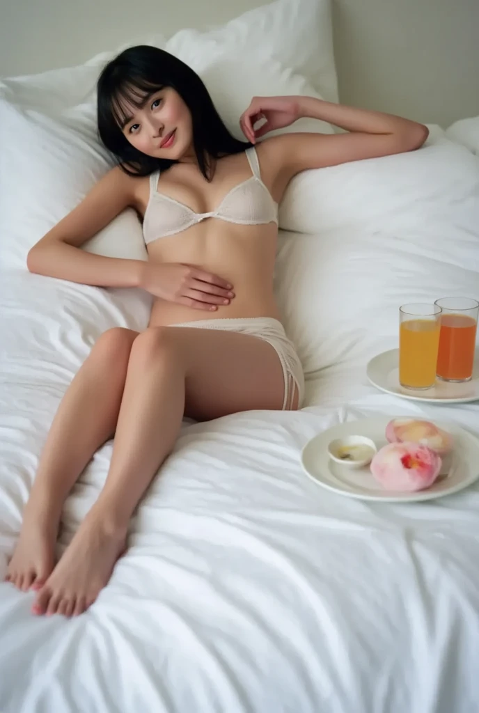 (((Attractive naked with white skin:1.5))),White underwear、Small underwear、  small breasts, on a hotel bed ,

