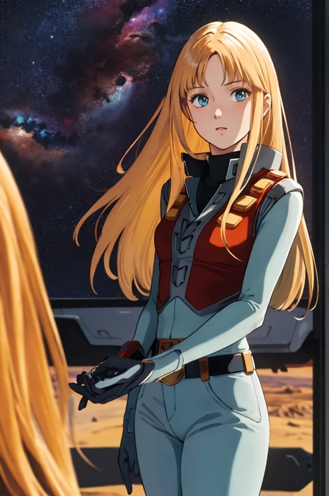 masterpiece,  best quality, space,  1 girl ,Alone, cowboy shooting alone,science fiction,
 Alfin, blonde hair , Long Hair,